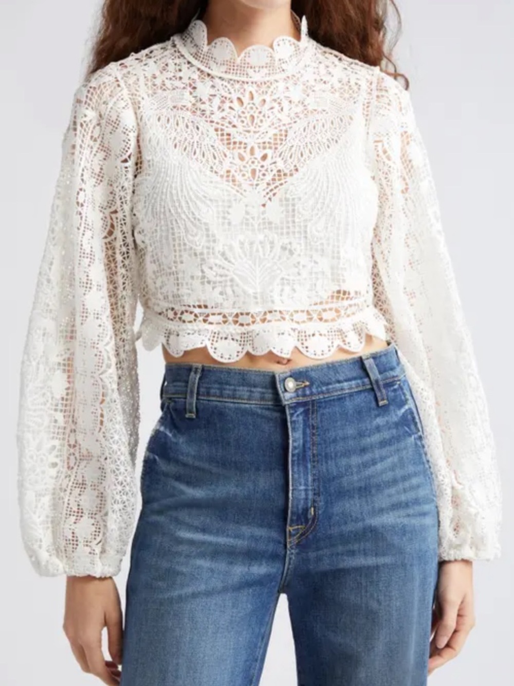 FARM Rio Guipure Long Sleeve Crop Top in Off-White